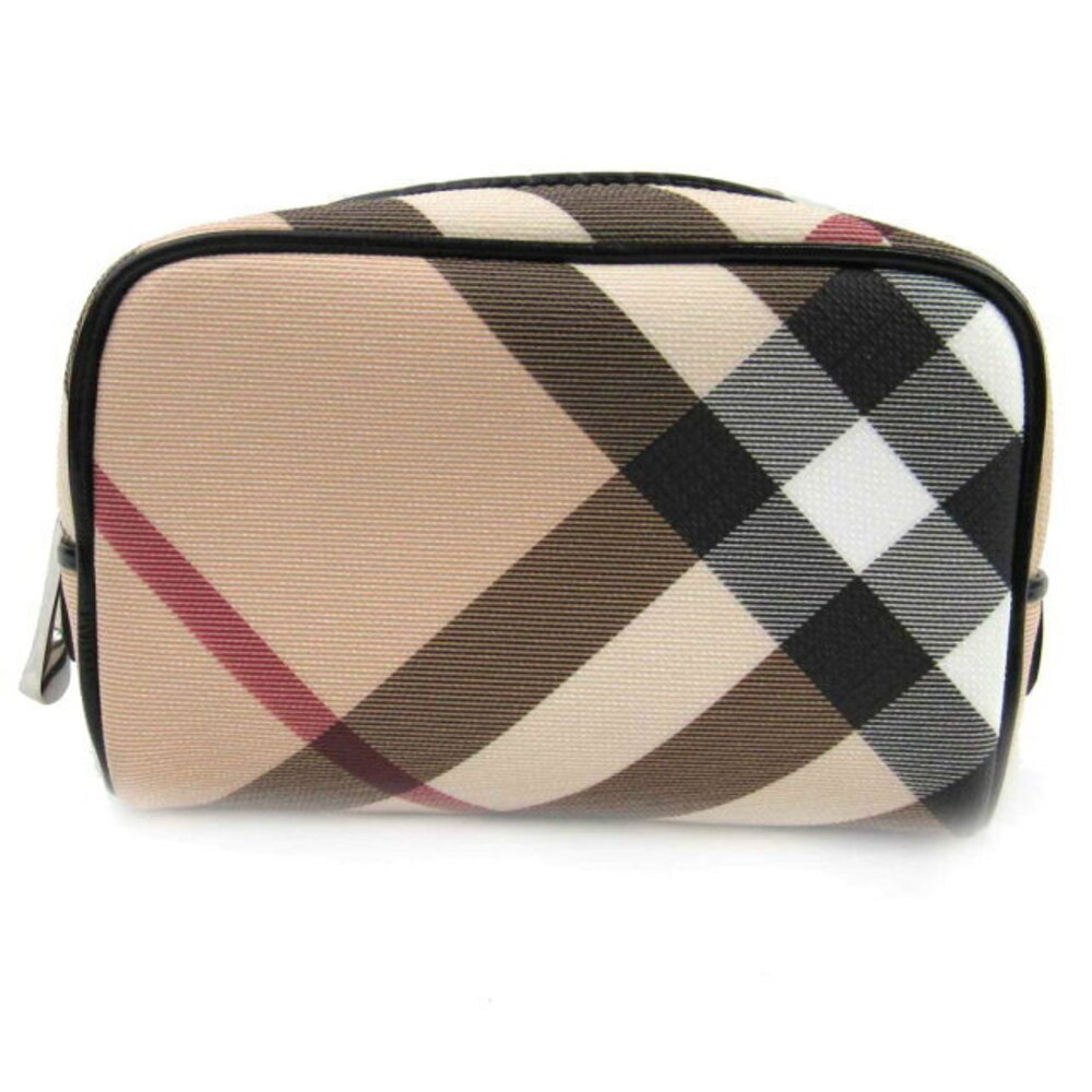Burberry Check Cosmetic Pouch Wallet Leather Canvas Beige